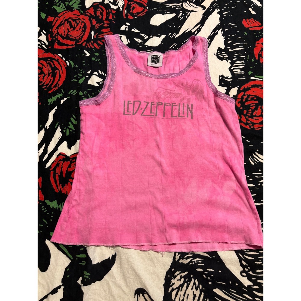 Led Zeppelin Pink Tie Dye Lace Trim Ribbed Tank Top Band Tee Y2K Style Womens